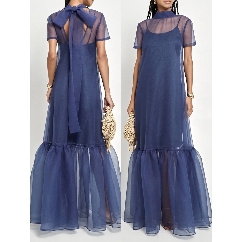 NWT CAARA Melody Tie Neck Organza Ruffle Hem Dress Navy Blue - Size Medium